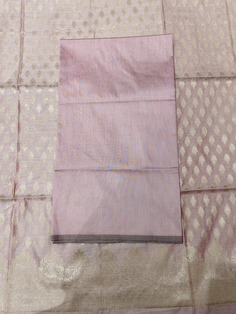 Ethereal Lilac Banarasi Cotton Unstitched Suit Set with Silver Zari Jaal