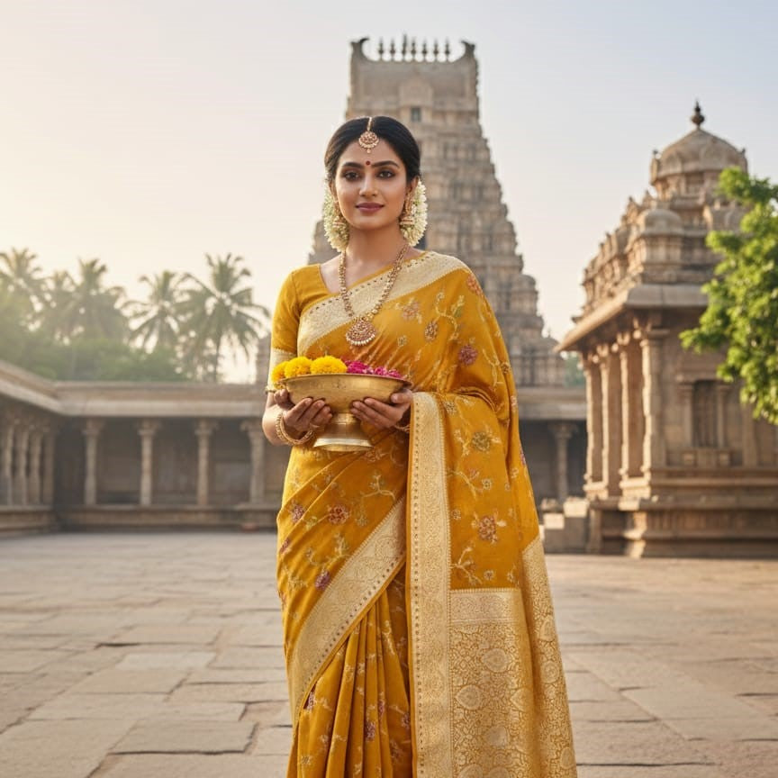 💛 The Golden Bloom Banarasi Floral Saree