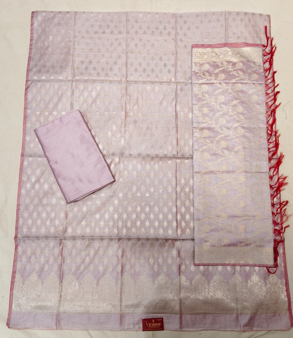 Ethereal Lilac Banarasi Cotton Unstitched Suit Set with Silver Zari Jaal