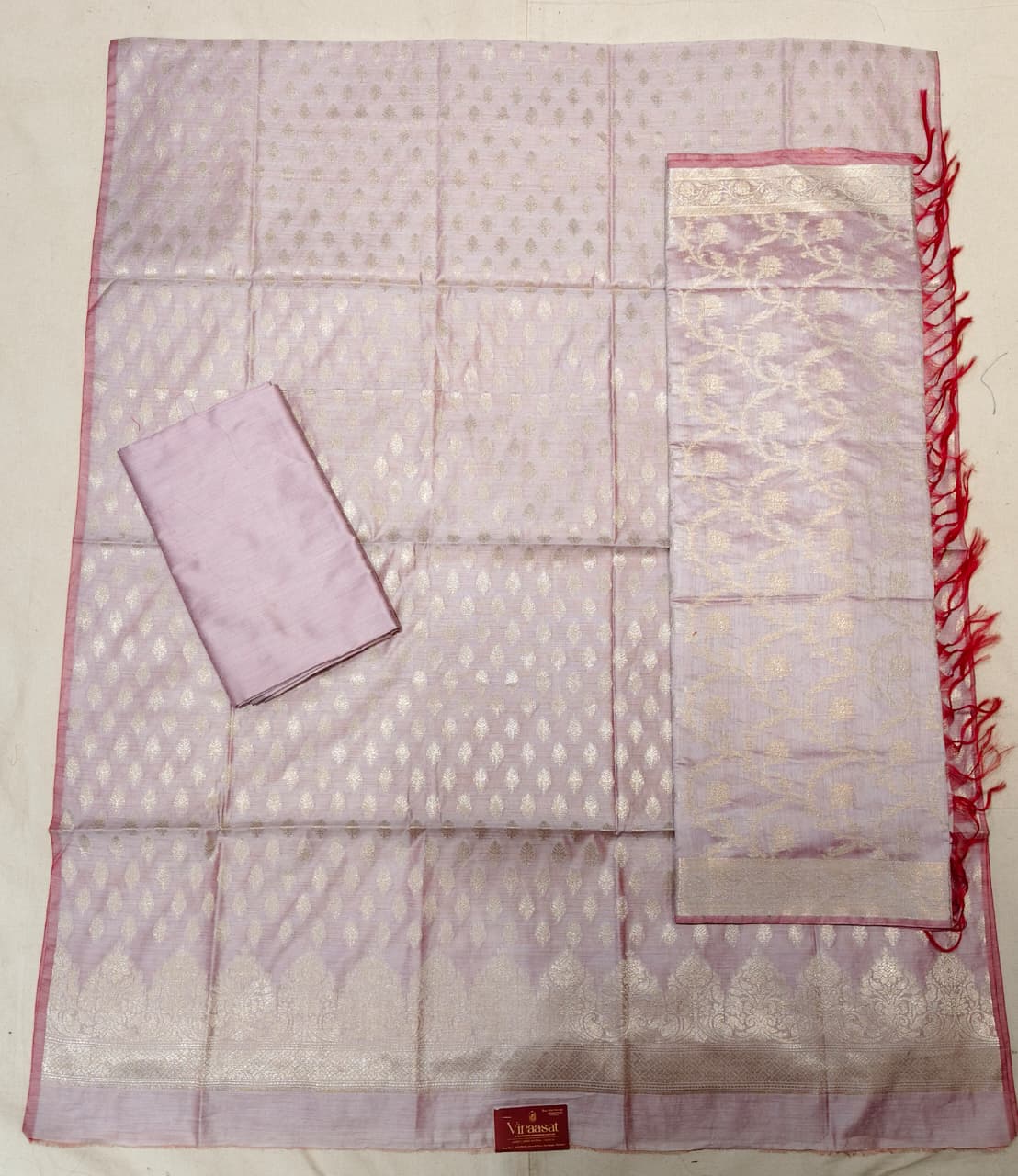 Ethereal Lilac Banarasi Cotton Unstitched Suit Set with Silver Zari Jaal