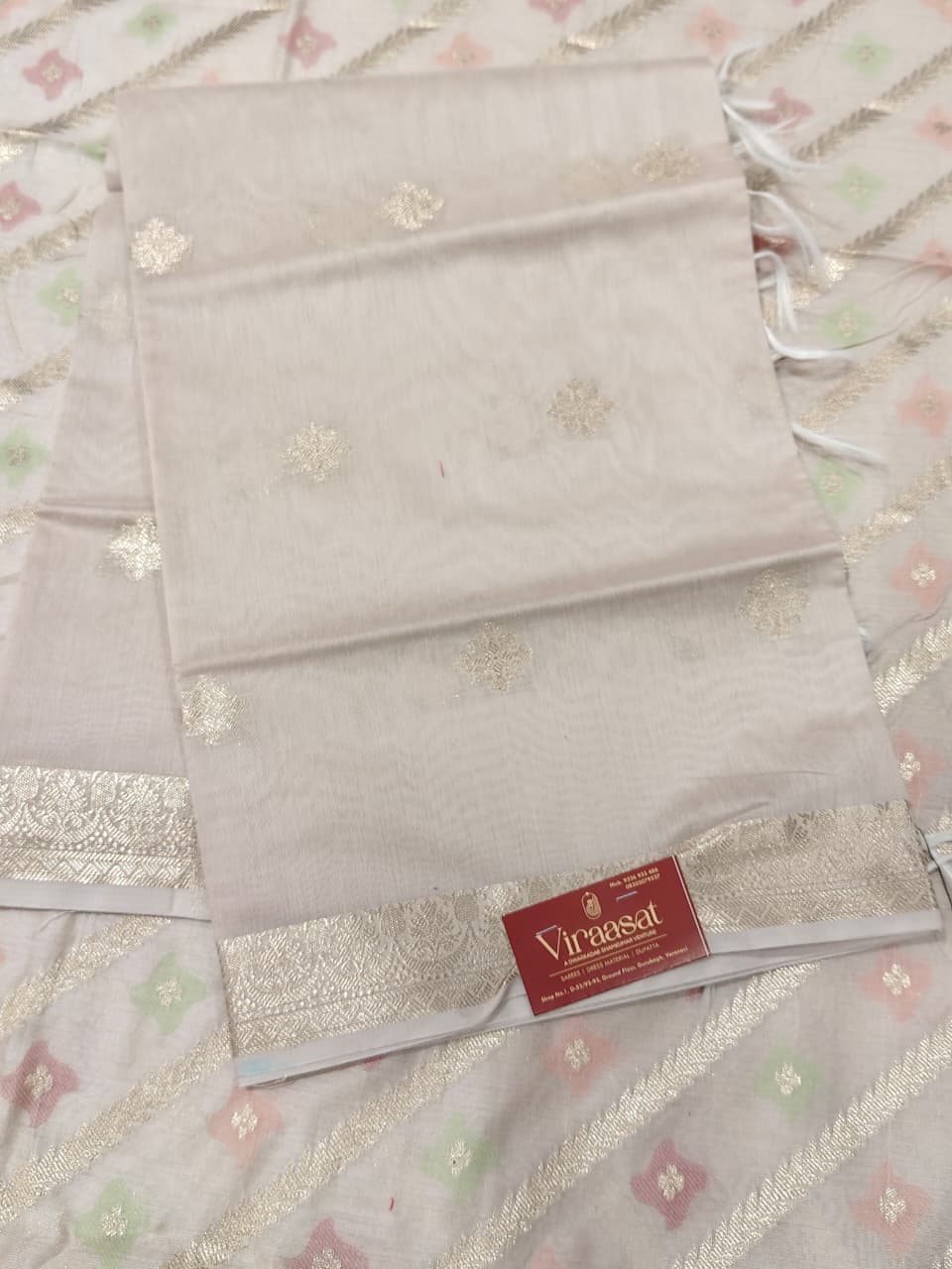 Pearl White 'Diagonal Zari' Banarasi Chanderi Suit Set