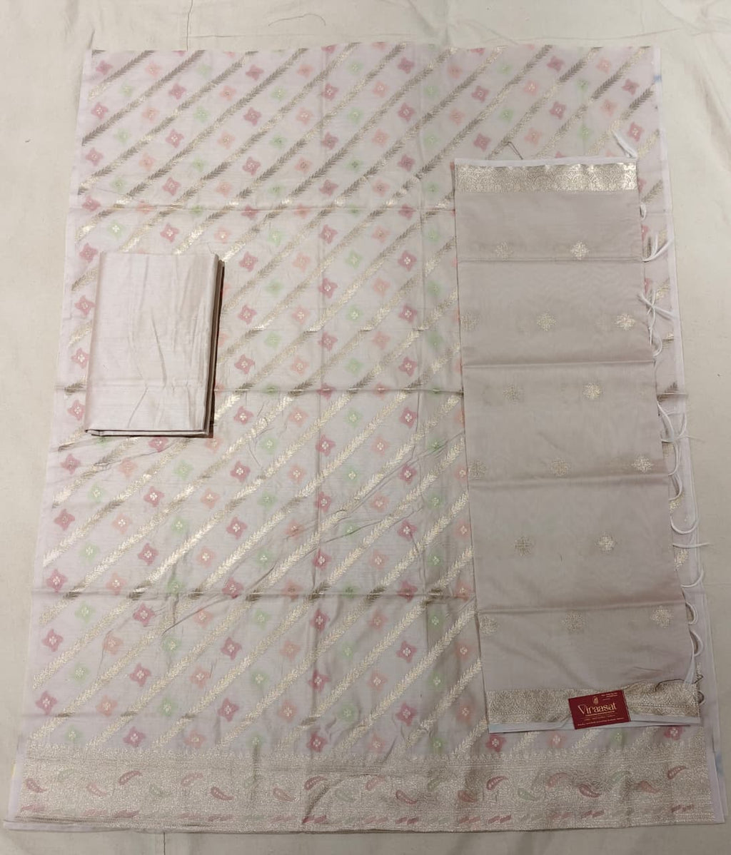 Pearl White 'Diagonal Zari' Banarasi Chanderi Suit Set