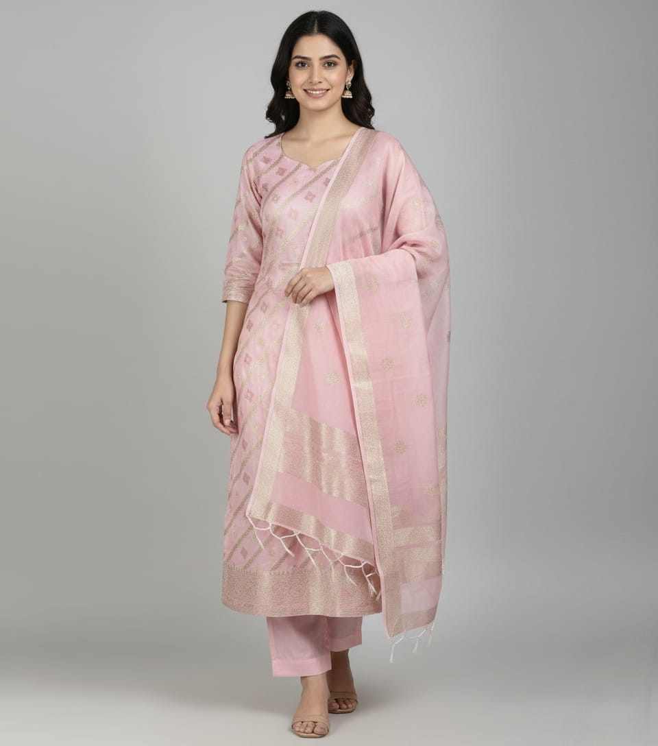 Signature Weave: Baby Pink 'Diagonal Zari' Banarasi Chanderi Suit Set