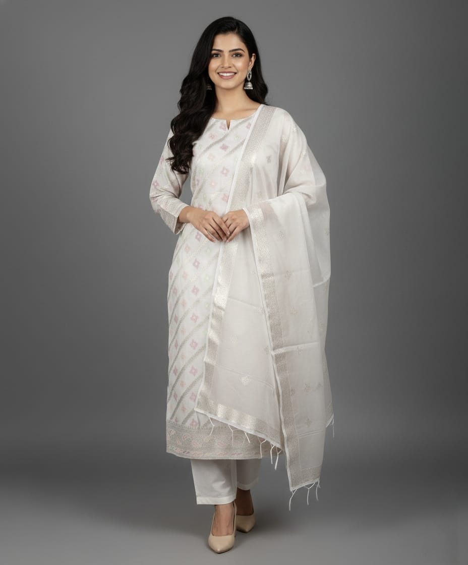 Pearl White 'Diagonal Zari' Banarasi Chanderi Suit Set