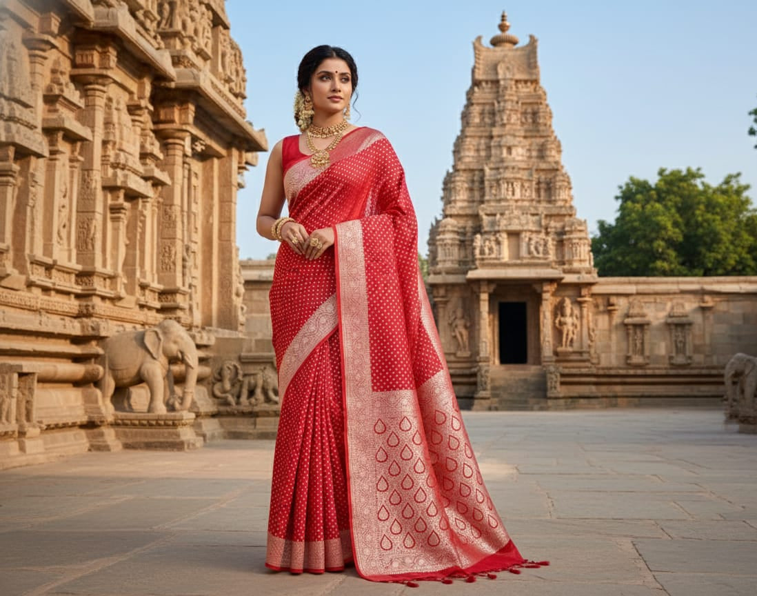 Crimson Red 'Royal Paisley' Banarasi Katan Silk Saree