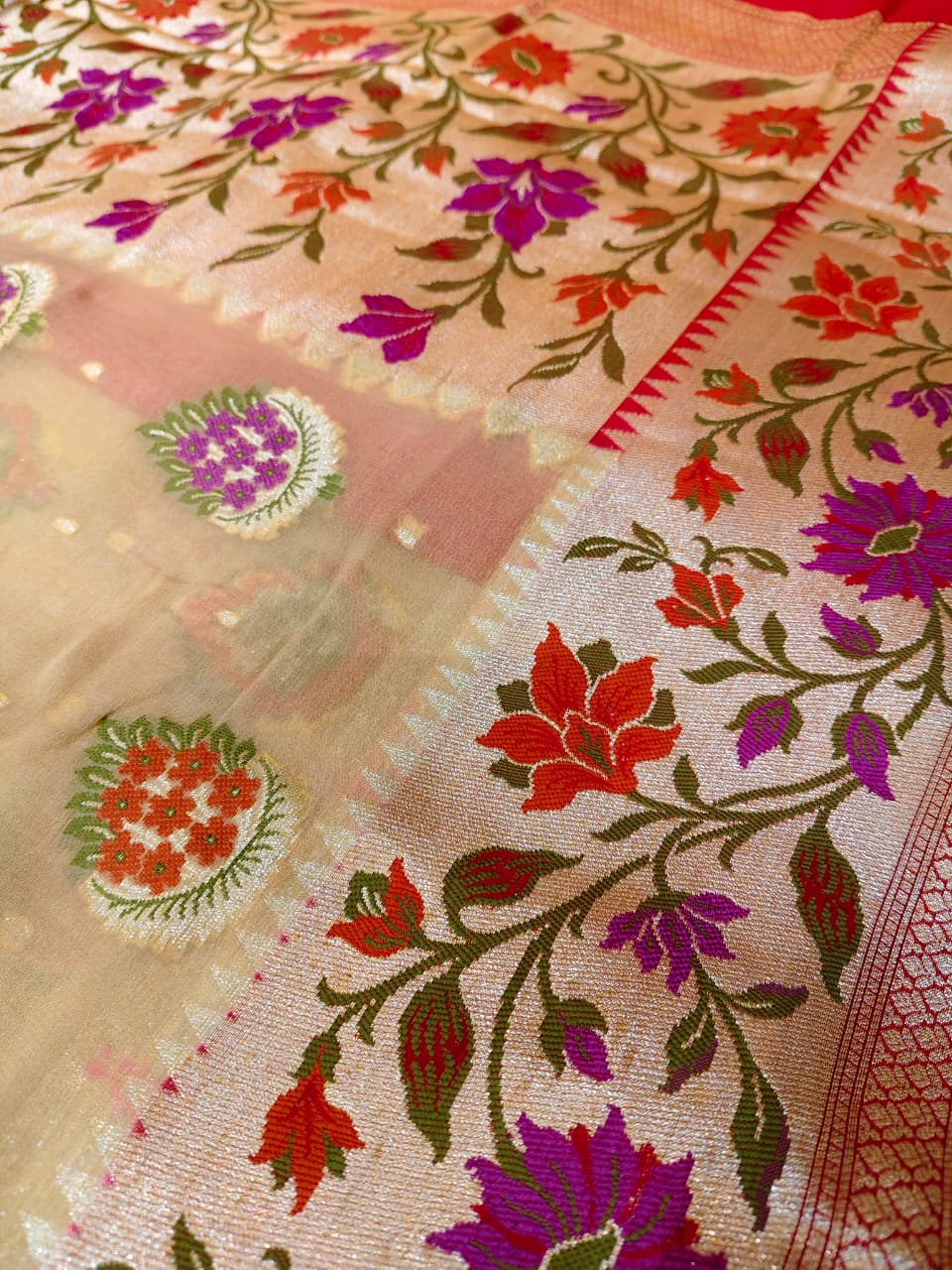 Ethereal Beige 'Spring Garden' Minakari Banarasi Khaddi Georgette Saree