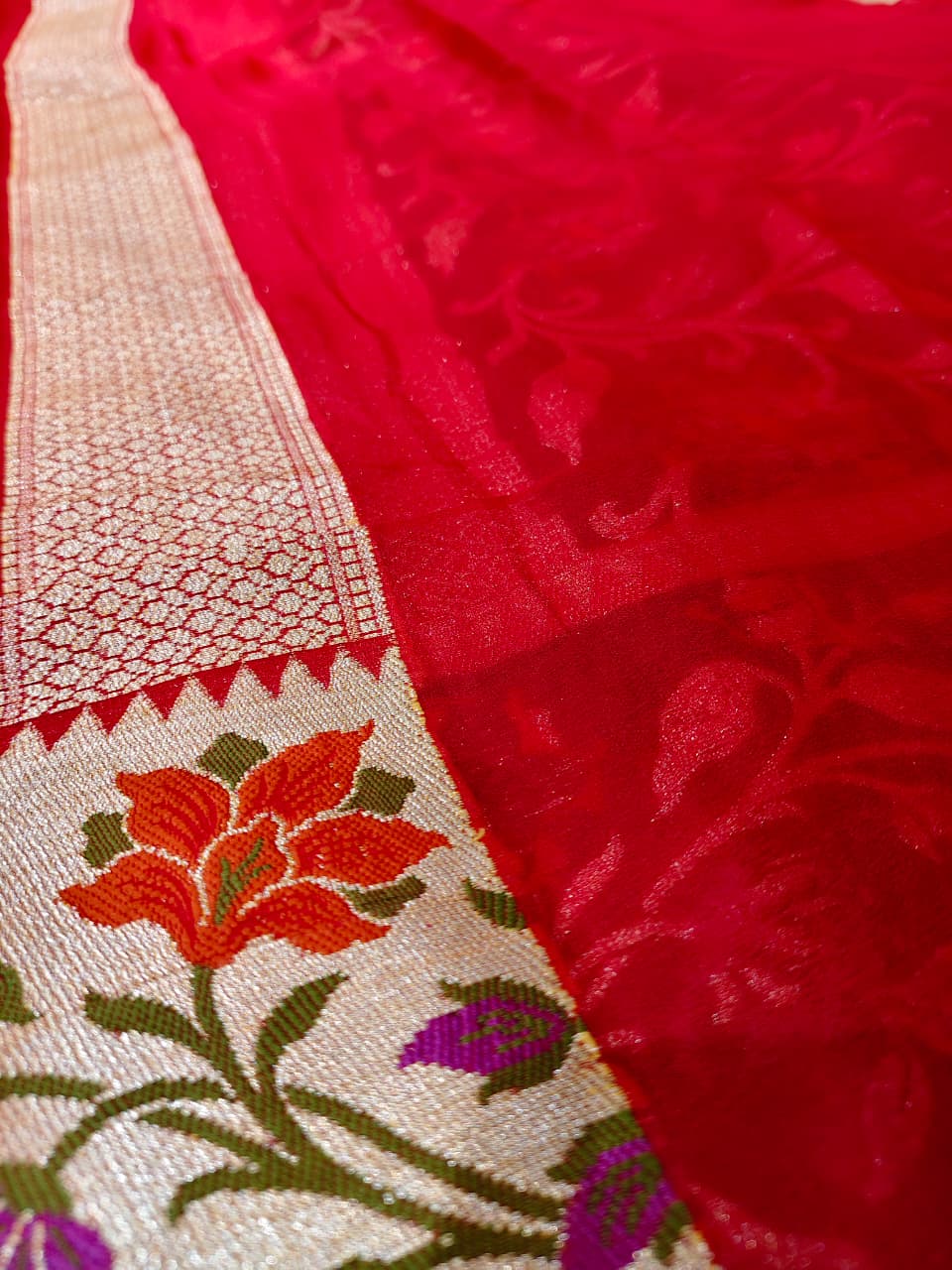 Ethereal Beige 'Spring Garden' Minakari Banarasi Khaddi Georgette Saree