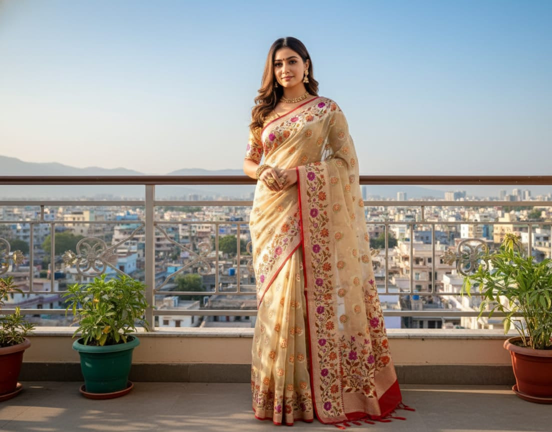 Ethereal Beige 'Spring Garden' Minakari Banarasi Khaddi Georgette Saree