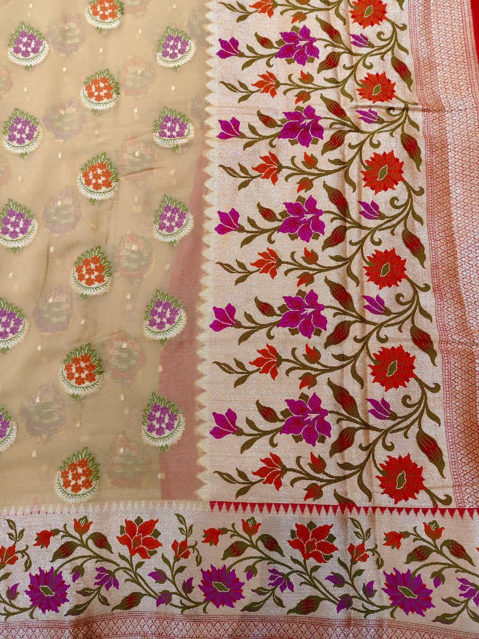 Ethereal Beige 'Spring Garden' Minakari Banarasi Khaddi Georgette Saree