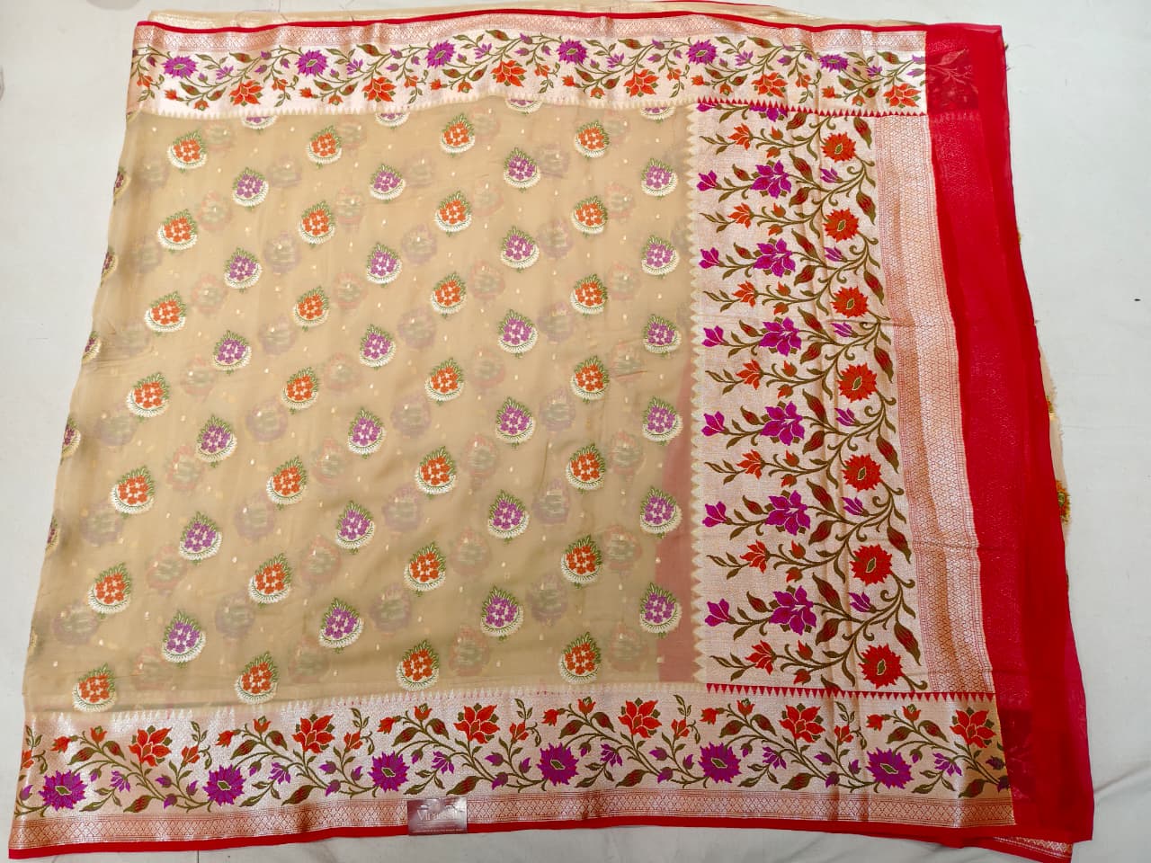 Ethereal Beige 'Spring Garden' Minakari Banarasi Khaddi Georgette Saree