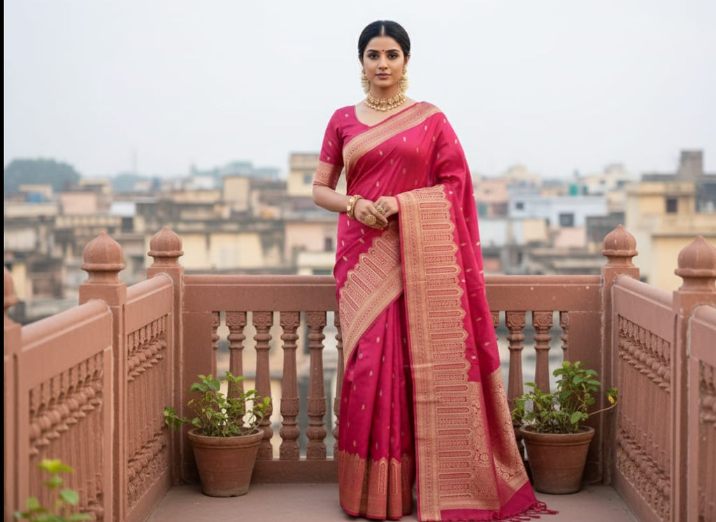 yal Rani Pink 'Mehrab' Minakari Soft Silk Saree