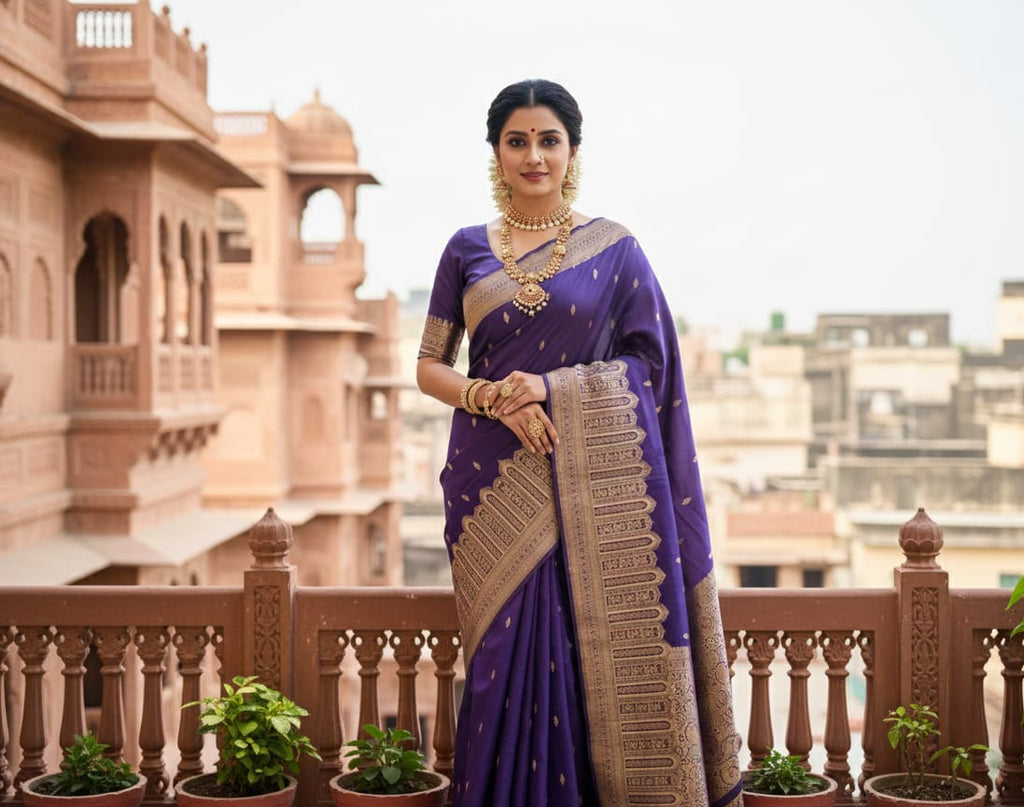 Royal Violet 'Mehrab' Minakari Soft Silk Saree