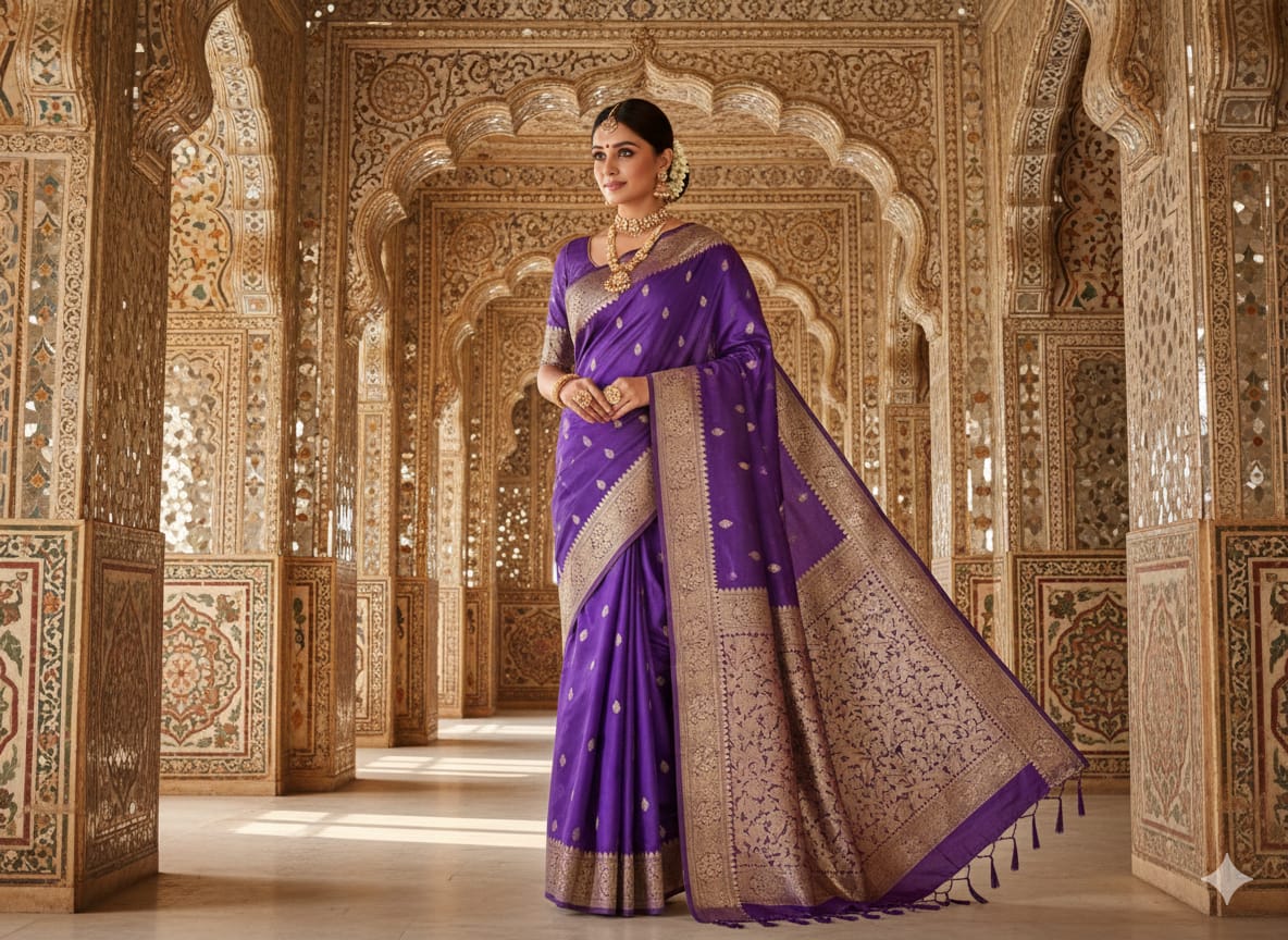 Royal Jamuni: Violet Minakari Soft Silk Saree