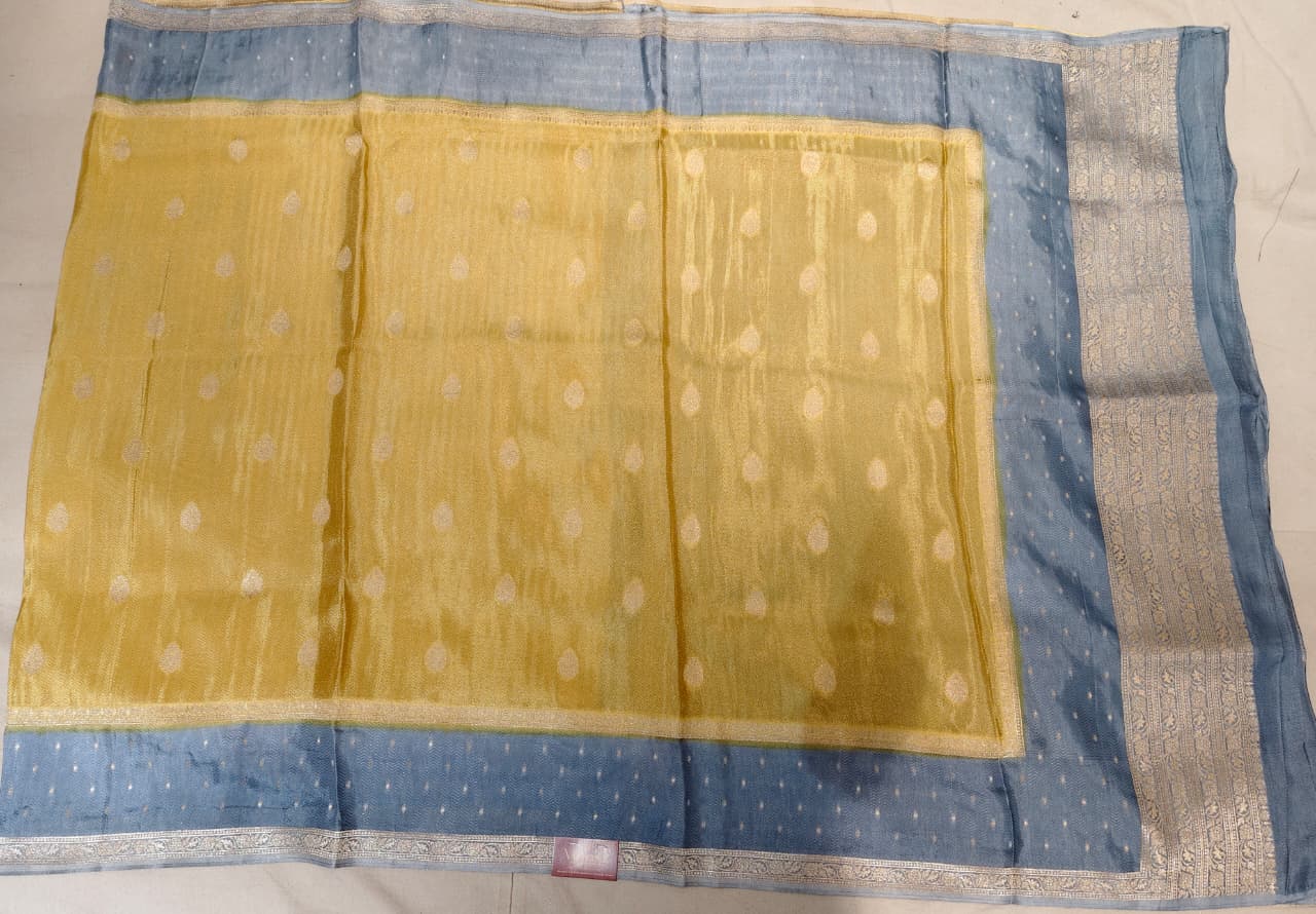 Mustard Yellow 'Chevron Border' Semi-Katan Silk Saree