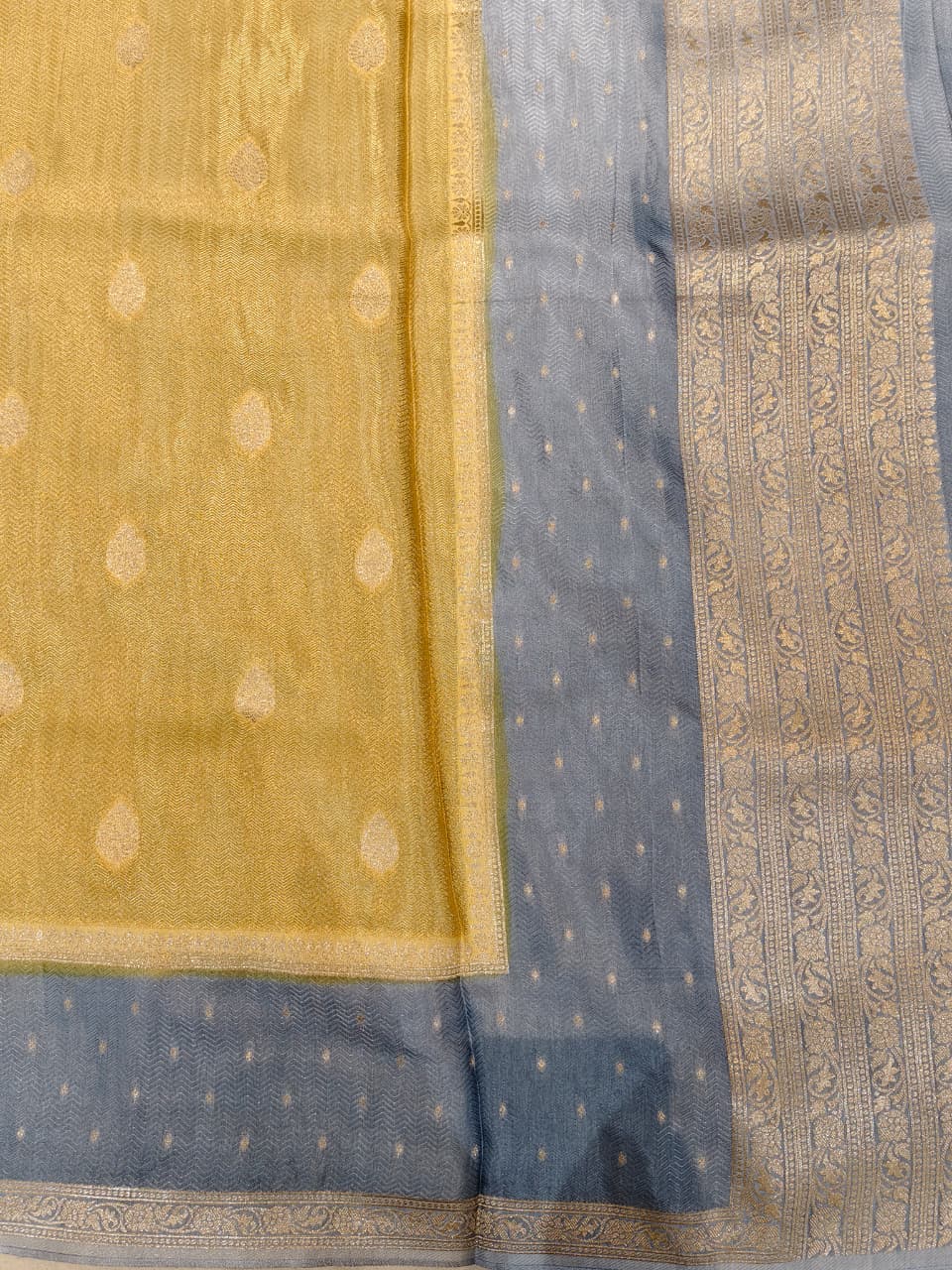 Mustard Yellow 'Chevron Border' Semi-Katan Silk Saree