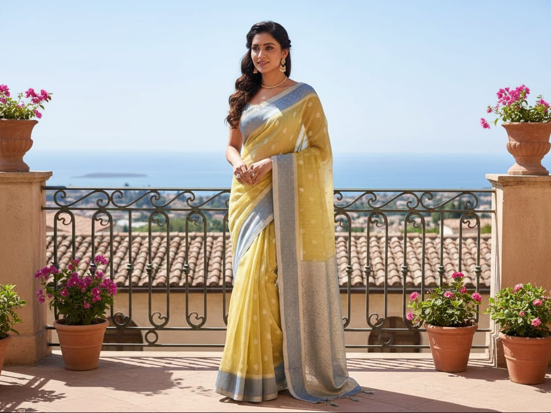 Mustard Yellow 'Chevron Border' Semi-Katan Silk Saree