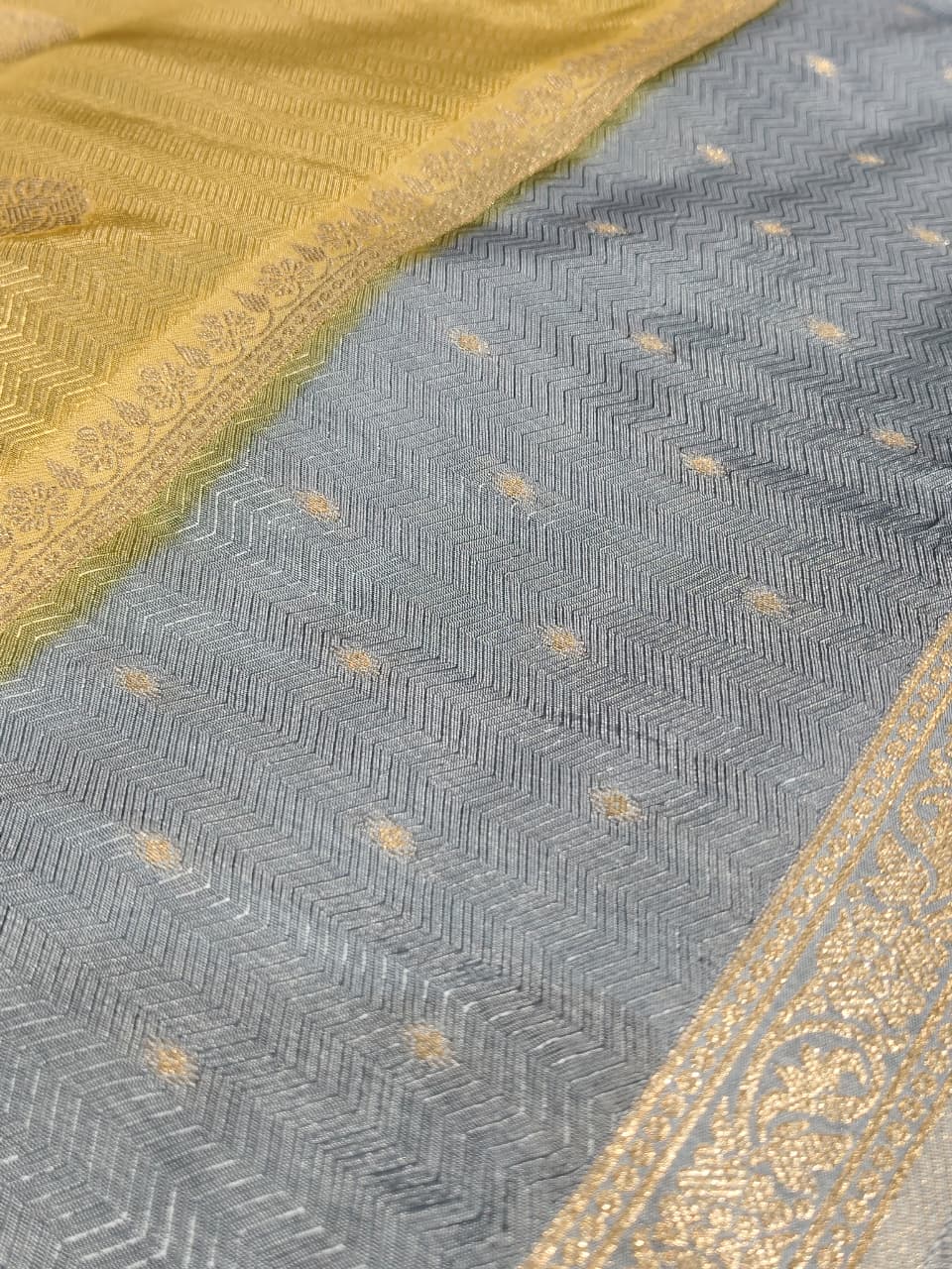 Mustard Yellow 'Chevron Border' Semi-Katan Silk Saree