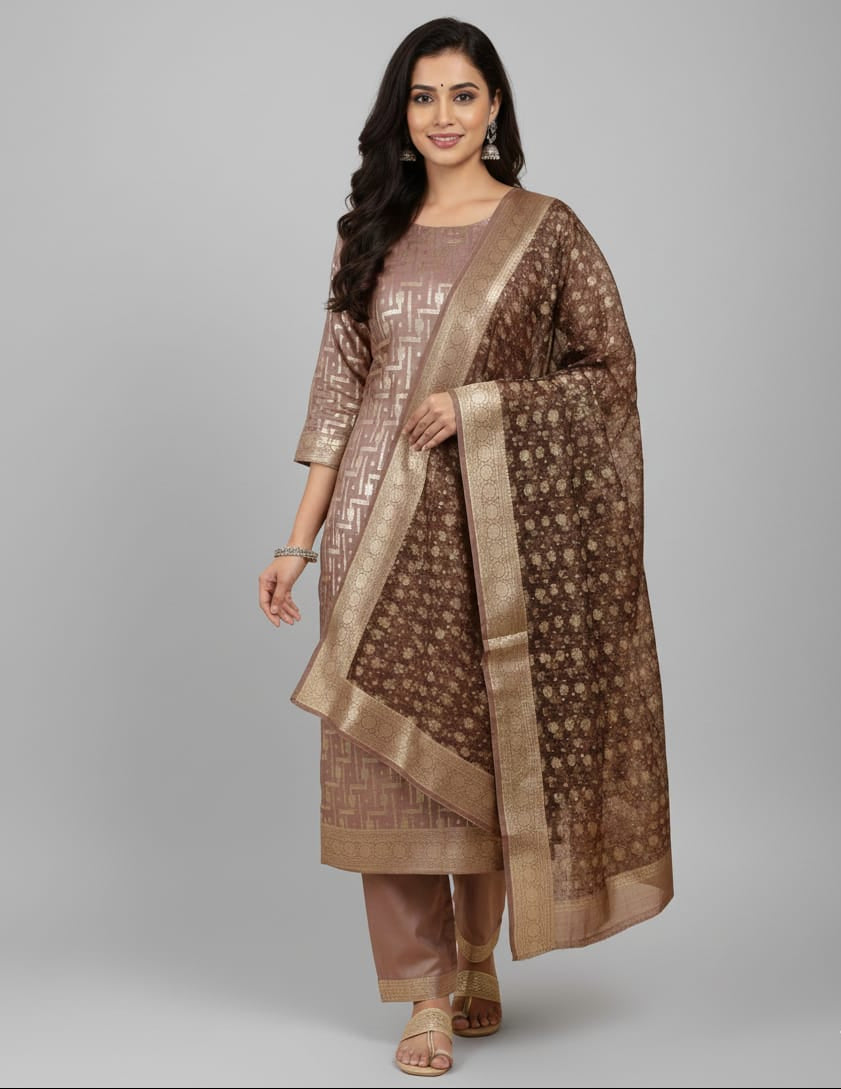 Cocoa Bronze 'Geometric Maze' Banarasi Vaishali Silk Suit Set