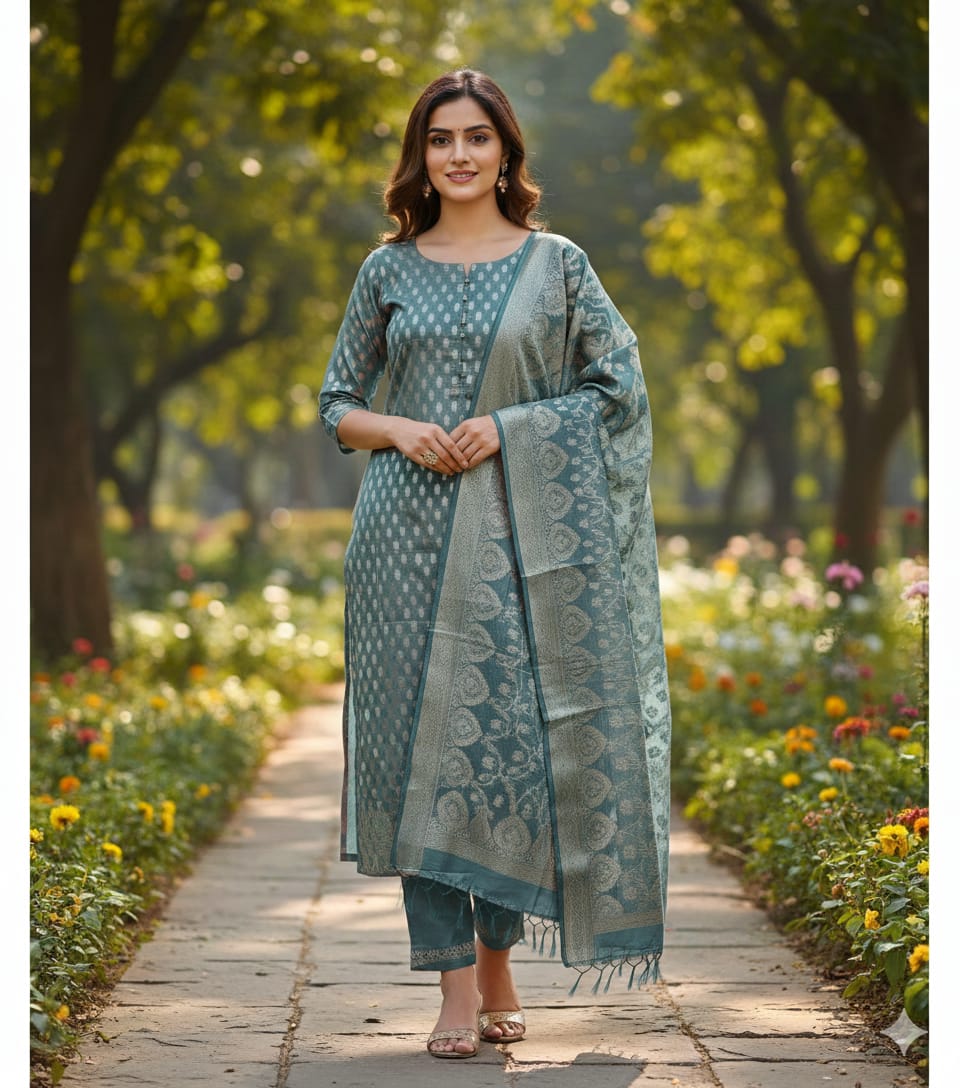 Ethereal Lilac Banarasi Cotton Unstitched Suit Set with Silver Zari Jaal