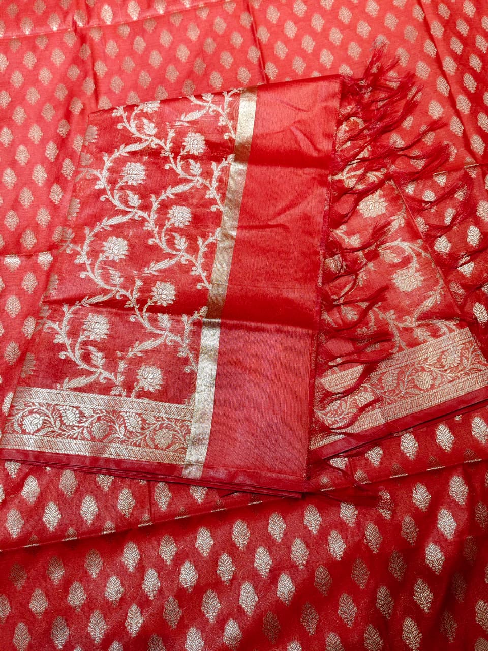 Ethereal Lilac Banarasi Cotton Unstitched Suit Set with Silver Zari Jaal