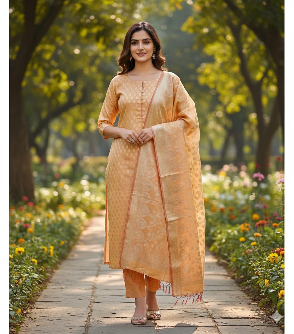 Ethereal Lilac Banarasi Cotton Unstitched Suit Set with Silver Zari Jaal