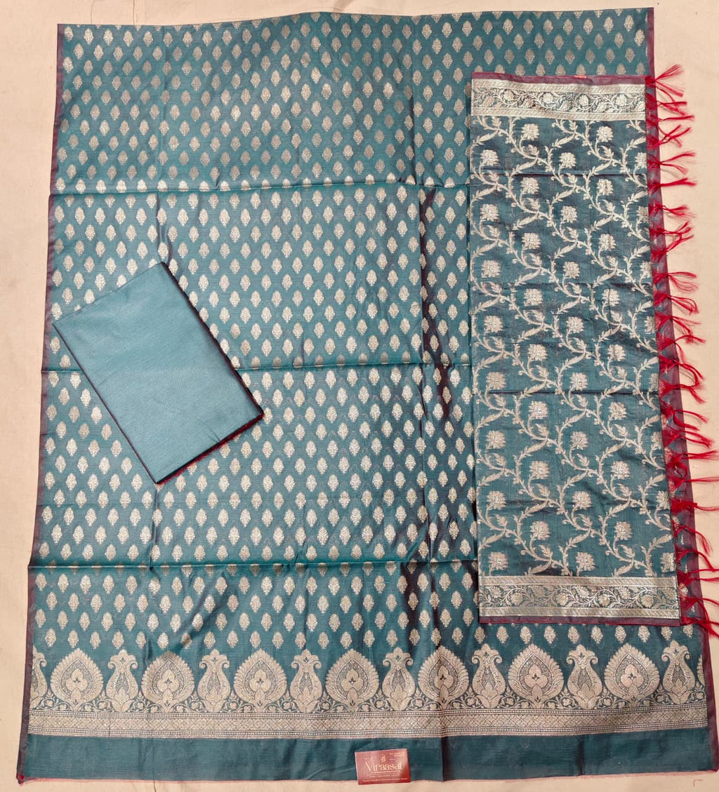 Ethereal Lilac Banarasi Cotton Unstitched Suit Set with Silver Zari Jaal