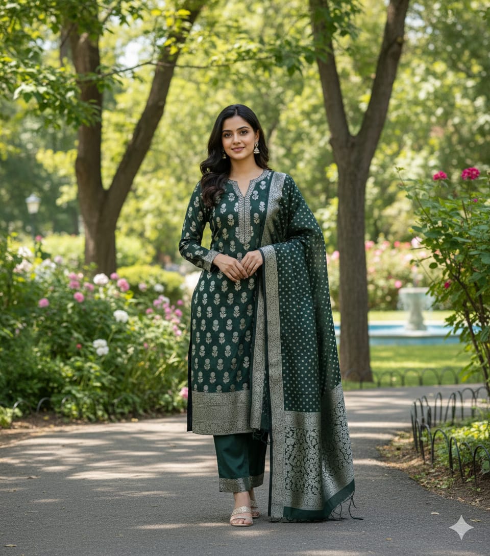 The Teal Royale: Vertical Rose Banarasi Cotton Se