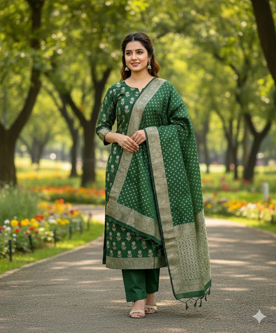 The Teal Royale: Vertical Rose Banarasi Cotton Se