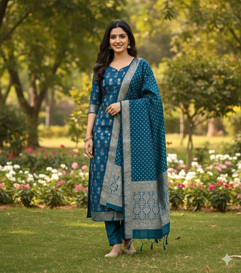 The Teal Royale: Vertical Rose Banarasi Cotton Se
