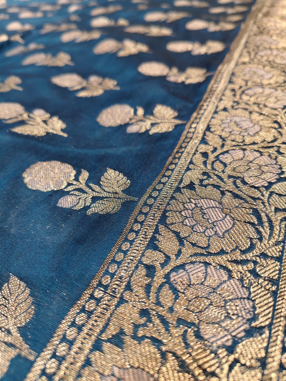 The Teal Royale: Vertical Rose Banarasi Cotton Se