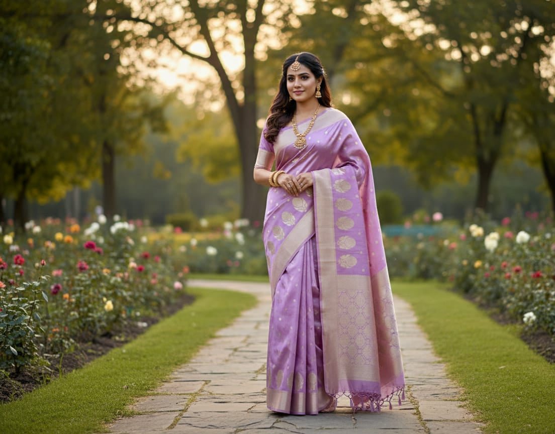 Ethereal Lavender 'Floral Border' Banarasi Chiniya Silk Saree