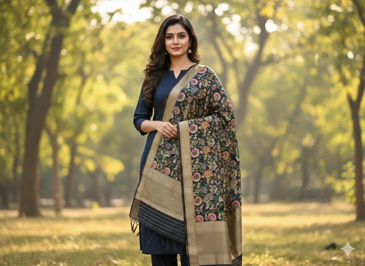 Midnight Garden Navy Blue Banarasi Dupatta