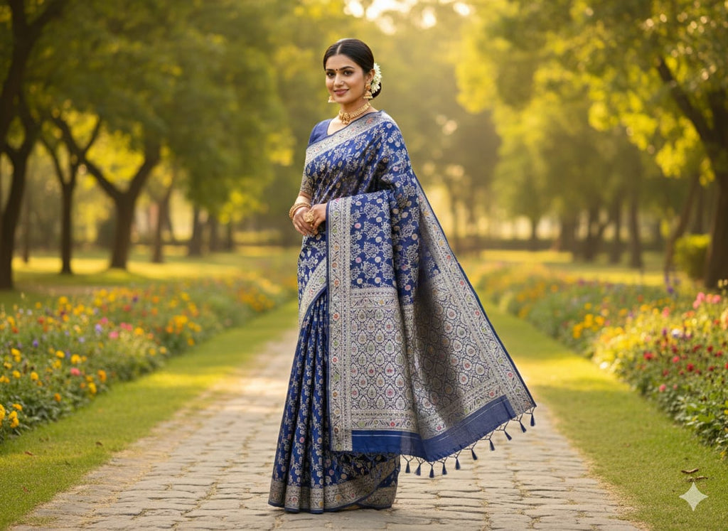 Midnight Blue 'Rang-Bahaar' Minakari Soft Silk Saree