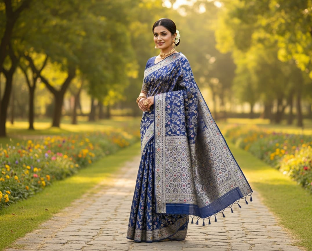 Royal Indigo 'Mehrab' Minakari Katan Silk Saree