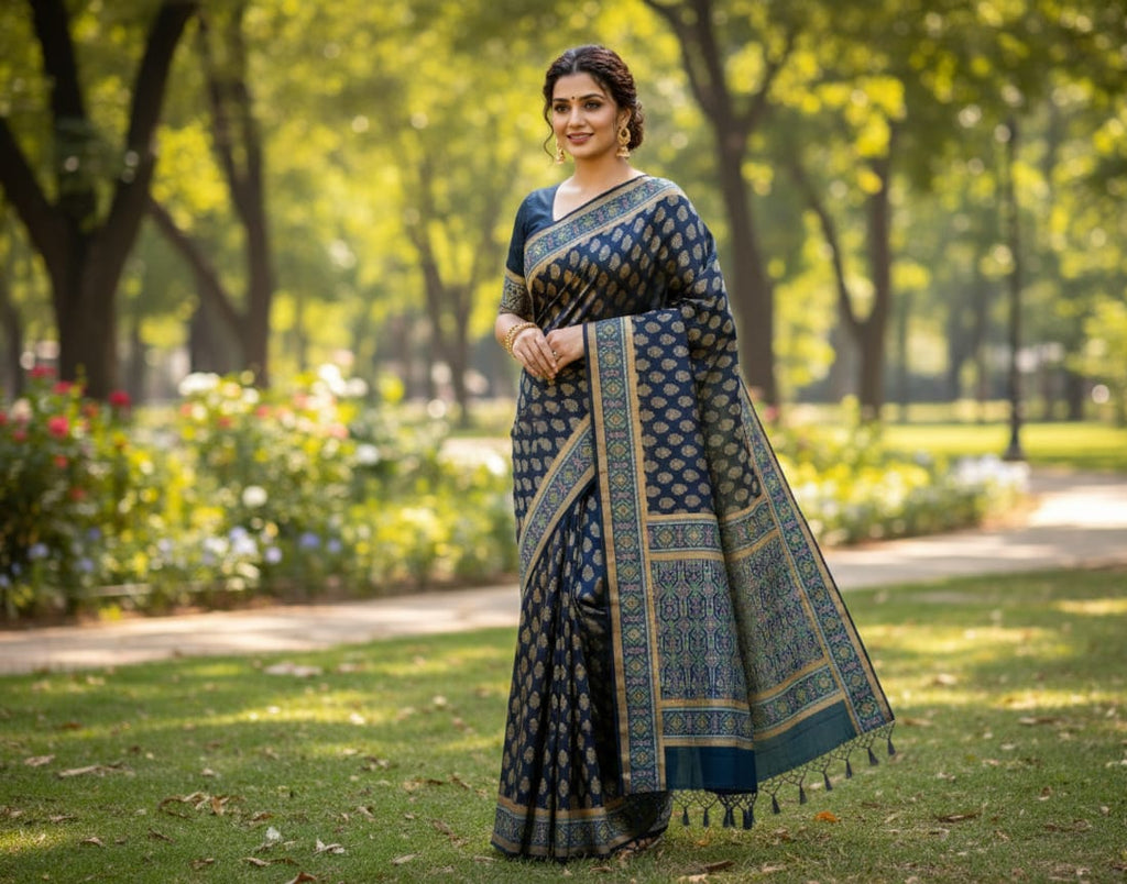 Midnight Blue 'Patola Fusion' Minakari Soft Silk Saree