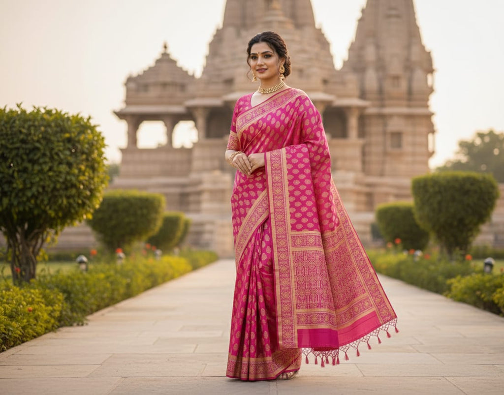 Rani Pink 'Patola Fusion' Minakari Soft Silk Saree