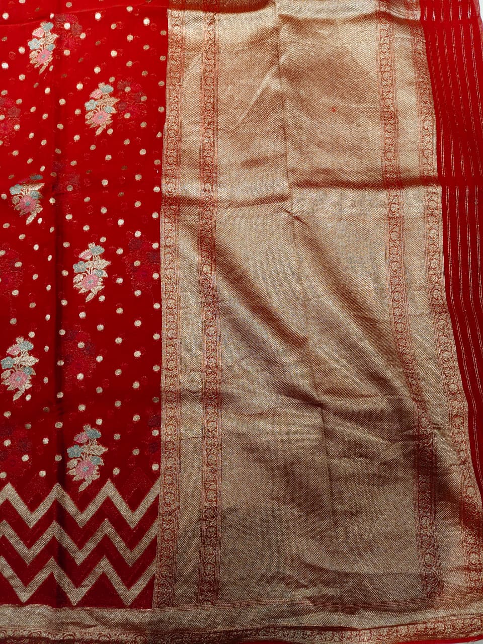 Red 'Chevron Chic' Banarasi Georgette Saree