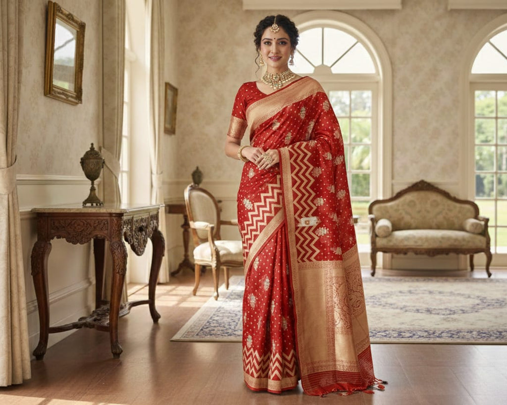 Red 'Chevron Chic' Banarasi Georgette Saree