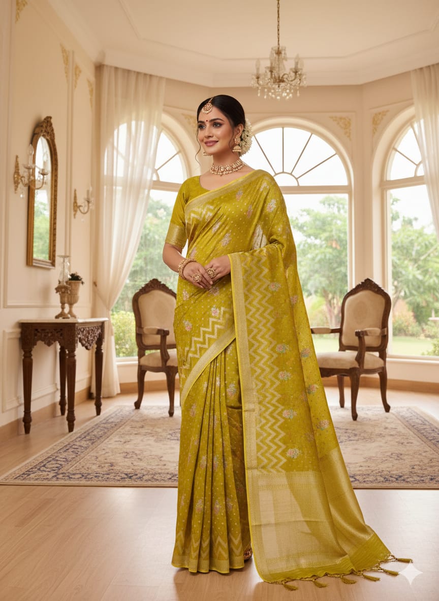 Sunshine Yellow 'Chevron Chic' Banarasi Georgette Saree