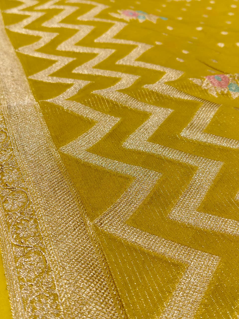 Sunshine Yellow 'Chevron Chic' Banarasi Georgette Saree