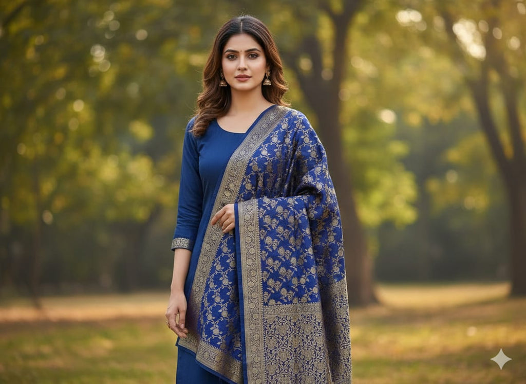 Royal Indigo 'Jangla' Gold Zari Banarasi Dupatta