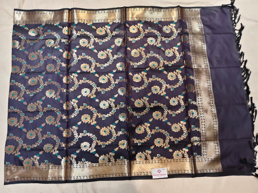 Midnight Blue 'Alfi' Jangla Katan Silk Dupatta