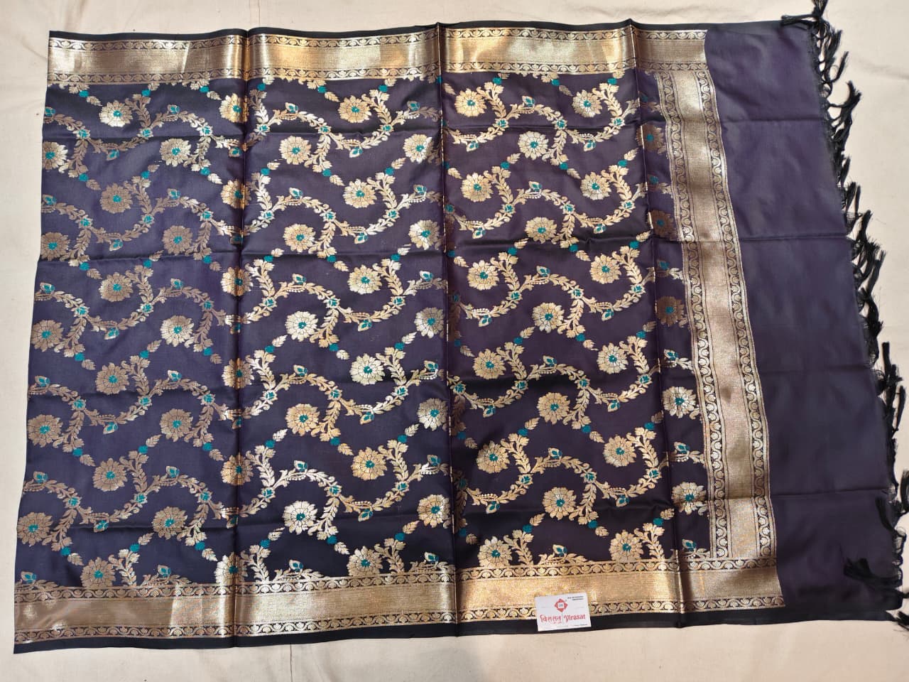 Midnight Blue 'Alfi' Jangla Katan Silk Dupatta