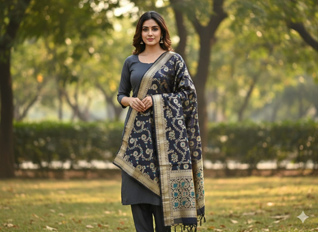 Midnight Blue 'Alfi' Jangla Katan Silk Dupatta