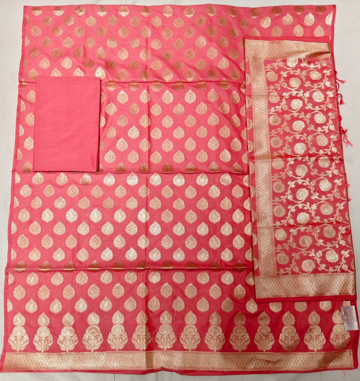 Coral Pink 'Gold Paisley' Banarasi Unstitched Suit Set