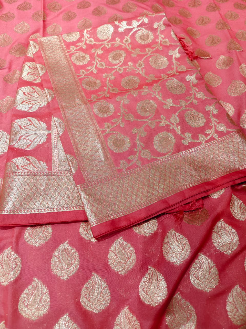Coral Pink 'Gold Paisley' Banarasi Unstitched Suit Set