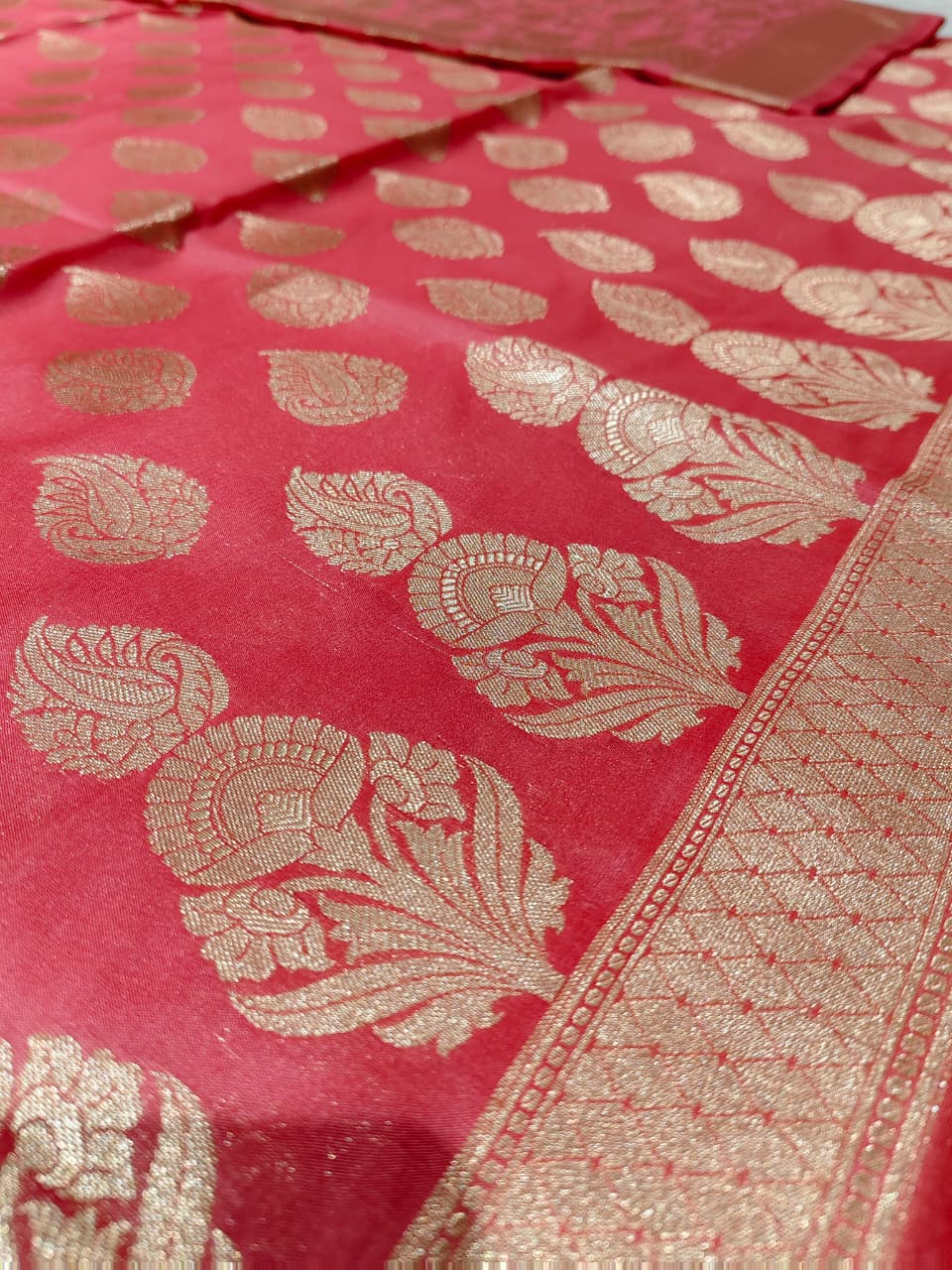 Coral Pink 'Gold Paisley' Banarasi Unstitched Suit Set