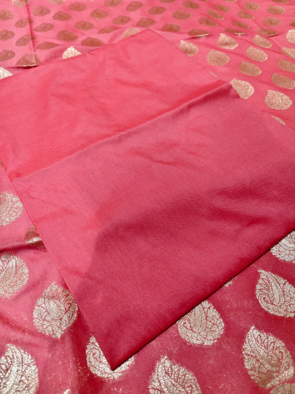 Coral Pink 'Gold Paisley' Banarasi Unstitched Suit Set