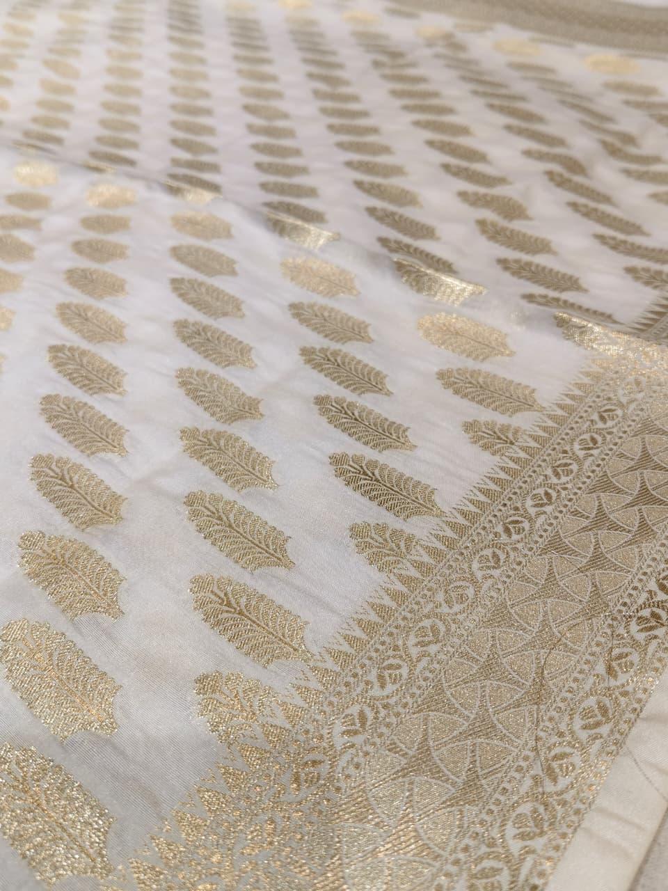 Angelic Ivory 'Gold Fern' Katan Silk Banarasi Dupatta