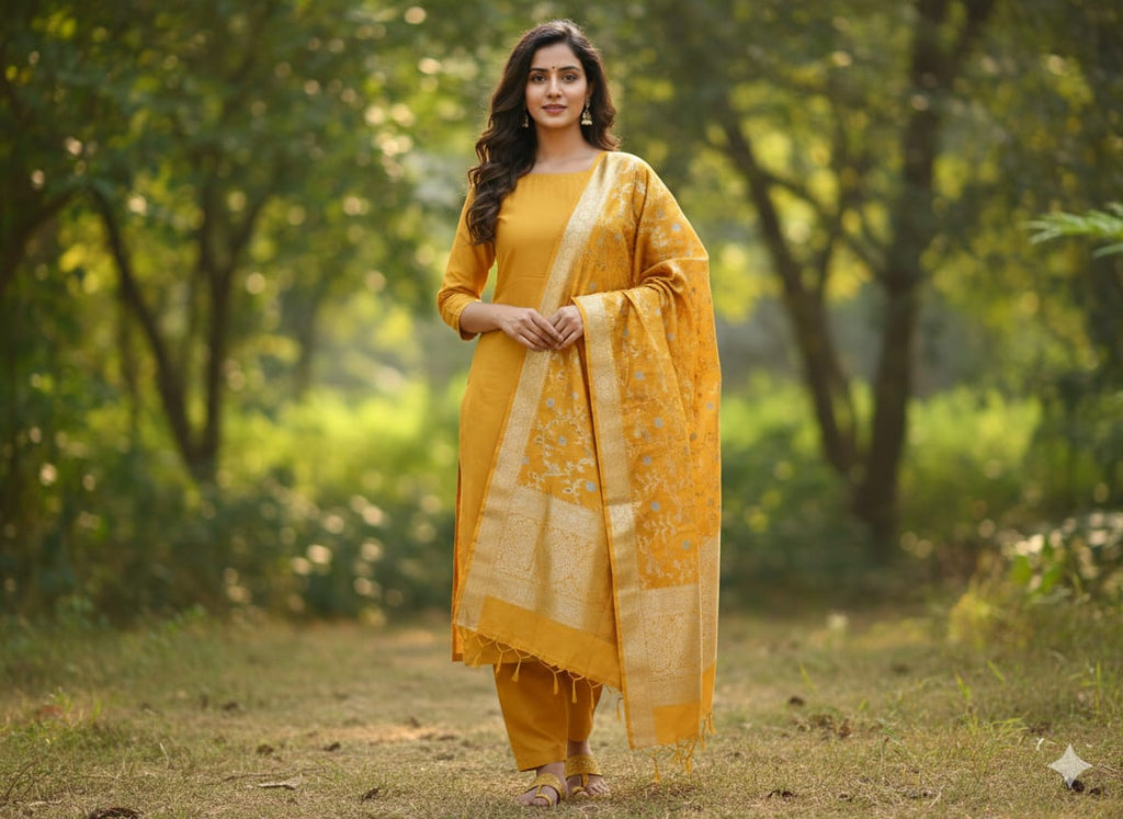 Sunshine Yellow 'Neel-Kamal' Minakari Katan Silk Dupatta